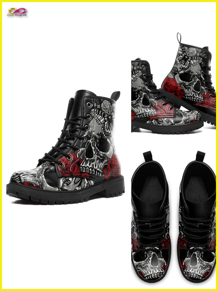 Custom Lace-Up Combat Ankle Boots Skull Rose Chunky Heel Platform Faux Leather